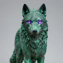 portrait photography of a emerald wolf sculpture with glowing purple eyes