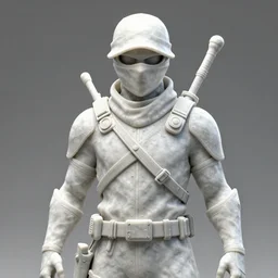 3 d rendering of marble statue of ninja wearing full face mask and hunter hat, combat suit, technological, all marble
