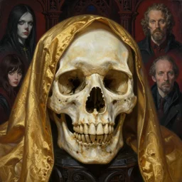 realistic detailed image of skull with a golden cloth by Ayami Kojima, Amano, Karol Bak, Greg Hildebrandt, and Mark Brooks, Neo-Gothic, gothic, rich deep colors. Beksinski painting, part by Adrian Ghenie and Gerhard Richter. art by Takato Yamamoto. masterpiece