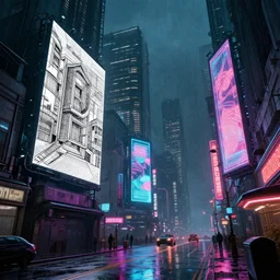 sci-fi cyberpunk city street, billboards, neon holograms, neon signs, rainy night, dramatic lighting, cinematic, establishing shot, extremely high detail, foto realistic, cinematic lighting, pen and ink, intricate line drawings, post processed, concept art, artstation, matte painting, style by Raphael Lacoste, Eddie Mendoza , Sebastian Lüdke