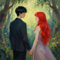 a male with black short hair and a red female with long red hair who are in love holding hands facing the viewer, fantasy world, painted by sylvain sarrailh, ferdinand knab, trending on artstation