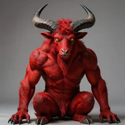 photo - shoot of a red skinned highly muscular devil satyr with goat legs, yellow goat eyes, long pointy chin, red face, and two huge water buffalo like black horns jutting out from the top of his large red head, in the style of darkness from the movie legend, studio lighting, photorealistic, in the style of annie leibovitz, soft focus, bokeh