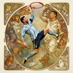 Messi dunking on Ronaldo, D&D, fantasy, intricate, elegant, highly detailed, digital painting, artstation, concept art, matte, sharp focus, illustration, art by Artgerm and Greg Rutkowski and Alphonse Mucha