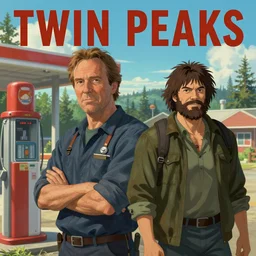 Twin Peaks poster artwork by Michael Whelan and Tomer Hanuka, Rendering of Steve Buscemi is the local gas station attendant in Twin Peaks and Joe Rogan the lumberjack, full of details, by Makoto Shinkai and thomas kinkade, Matte painting, trending on artstation and unreal engine