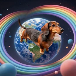 space Dachshund floating of away from the earth, complex wavy rainbow lines, particles and distortion, in the style of Ori Toor