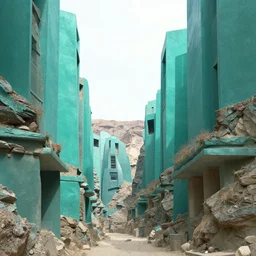a realistic colorful concept of a canyon with brutalist teal architecture by eytan zana and ruan jia 4 k, hyperdetailed, sharp focus, global illumination