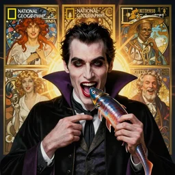 portrait of a vampire!!!! with a sea lamprey!!!! mouth!!!, in the styles of ( national geographic ), alphonse mucha, peter mohrbacher, gerald brom, and marc simonetti, intricate, hyperrealistic, volumetric lighting