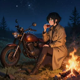 a girl from final fantasy live action, with short black hair and green eyes in a tan trenchcoat sitting on a log and drinking tea by the campfire by her steampunk motorcycle at night under the stars, evocative, mystical night, very very very very detailed, award winning, masterpiece digital painting by greg rutkowski, alex grey, artstation, 4 k wallpaper