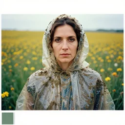 a closeup portrait of a woman wearing a cloak made of plastic and mud, in an infinite landscape of flowers, photograph by paula rego, canon eos c 3 0 0, ƒ 1. 8, 3 5 mm, 8 k, medium - format print