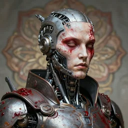 futurist half human half robot soldier, art by leyendecker, head and shoulders portrait, blood, cyberpunk, cybernetic implants, warrior face paint, flower ornament in the background, very intricate, award winning, extreme details