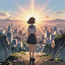 anime girl looks from a cliff at a huge city