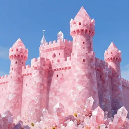 castle wall made of Rose Quartz crystals, blue skies, detailed digital 2D fantasy painting