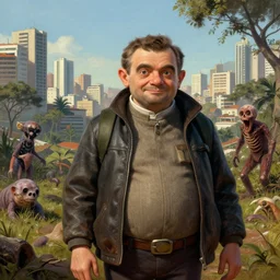 fallout 5, mr bean as protagonist, portrait, outdoors brazilian cityscape, atmospheric lighting, painted, intricate, volumetric lighting, beautiful, daytime, winter, clear weather, mutated wildlife, sharp focus, deep colours, ultra detailed, art by william turner
