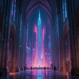 “ inside a cathedral, cyberpunk art by vincent lefevre, behance contest winner, altermodern, cityscape, synthwave, matte painting ”