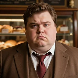 Close up portrait of a chubby man wearing a brown suit and necktie with a bakery the background. Photorealistic. Award winning. Dramatic lighting. Intricate details. UHD 8K. He looks guilty.