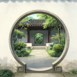 circular gate in a white wall, leading to a garden. chinese architecture. fantasy. detailed. smooth. sharp focus. trending on arstation. cgsociety masterpiece, by rossdraws, ghibli, kimi no na wa, greg rutkowski, simon stalberg, greg manchess