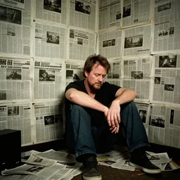 dslr photo still of!!! alex jones!!! sitting depressed in a room filled to the ceiling with newspapers, 5 2 mm f 5. 6