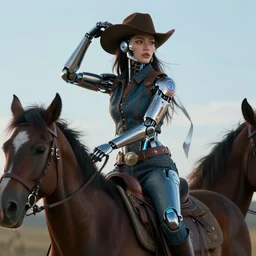 a beautiful portrait of a female cowboy with futuristic cybernetic glowing enhancements, dynamic pose, mounted on a horse, sci - fi, cyberpunk by ruan jia, jules bastien - lepage, 8 k