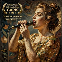 music poured from her lips, volumetric lighting, epic composition, intricate details, by denis villeneuve , Greg Rutkowski and Alphonse Mucha