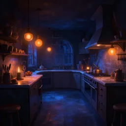 curved perspective digital art of a dark kitchen from Tim Burtons Nightmare Before Christmas by Andreas Rocha orange lights blue shadows