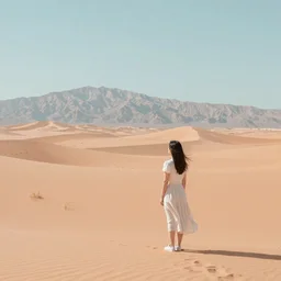 a girl stood in the beautiful desert, pondering the mountains in the distance, peaceful pastel palette, matte painting