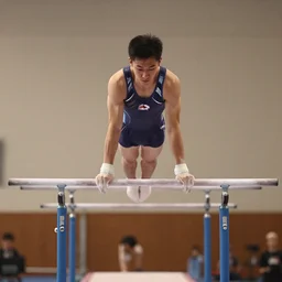 college males on parallel bars, by mark brooks