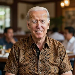 A Photo Portrait of Joe Biden Wearing Indonesian Batik at a fancy Balinese restaurant, award winning photography, sigma 85mm Lens F/1.4, blurred background, perfect faces