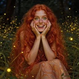 infp young woman, smiling amazed, golden fireflies lights, sitting in the midst of nature fully covered, long loose red hair, intricate linework, green eyes, small nose with freckles, oval shape face, realistic, expressive emotions, dramatic lights mystical scene, hyper realistic ultrafine art by michael cheval, jessica rossier, boris vallejo, artgerm, alphonse mucha