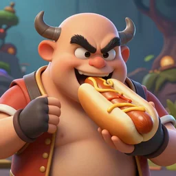 pudge from dota 2 eating hot dog. photorealistic. highres. 3 d.