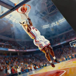 “ abstract painting of a llama in a jersey dunking a basketball like michael jordan, shot from below, tilted frame, 3 5 °, dutch angle, extreme long shot, high detail, dramatic backlighting, indoors. in the background is a stadium full of people. ”