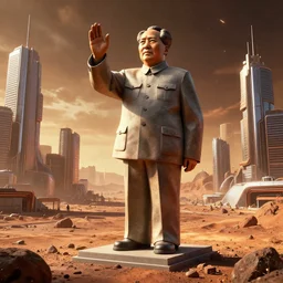 a photo of mao zedong's sculpture in cybercity on mars a made of resin by joe johnston and nilo rodis, highly detailed, dramatic lighting, unreal engine 5 highly rendered, radiant light, detailed and intricate environment, wide angle, cinematic lighting