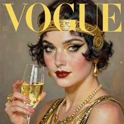 vogue magazine, vintage roaring 1 9 2 0 s flapper, greg rutkowski, john singer sargent, trending on artstation, oil painting, piercing eyes. golden age. glass of champagne
