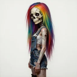hyperrealistic mixed media painting of a grungy skull woman with rainbow hair, stitched together, soft eyes and narrow chin, dainty figure, long hair straight down, torn overalls, short shorts, combat boots, basic white background, side boob, dim volumetric lighting, 8 k octane beautifully detailed render, post - processing, portrait, extremely hyper - detailed, intricate, epic composition, cinematic lighting, masterpiece, trending on artstation, very very detailed, masterpiece, stunning,