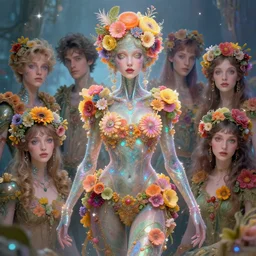 fruit goddess cyborg ; by james jean, charlie bowater, tom bagshaw, nikolay makovsky, melanie delon : : enchanting, colorful, ethereal, magical, glowing, sparkle, iridescent, flowerpunk, portrait, character design, illustration, hyperrealism, photorealism, digital art, concept art, fantasy, whimsy, weta, wlop, artstation