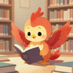 a cute adorable phoenix fledgling learning to read in a library ,anime