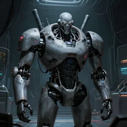 later 9 0's anime dystopian cyberpunk movie still : : mechanical hall interior art : : biomechanical buff killer robot : : somber far future cables lab shadowed background : : faceless staring murderously