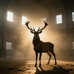 a thin silhouette of a great deer standing majestic in a large industrial room with small windows, golden light, thick mist, backlit, insane details, hyperrealistic photo by jimmy nelson, trending on artstation