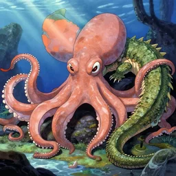 giant octopuss and giant lizard, anime style