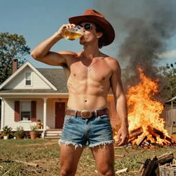 a beautiful retrowave artwork of a redneck wearing shorts, sunglasses, doing a thumbs up gesture, drinking beer, unfazed that his house is on fire, ultrarealistic, masterpiece