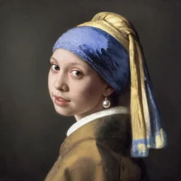 a portrait of a young girl wearing a pearl earring. The girl is looking over her shoulder at the viewer with a sly expression on her face. naturalistic style with soft, muted colors. The girl's face is the only part of the painting that is in sharp focus. The rest of the painting is done in a soft, blurry style. The girl's face is lit from the left, creating a soft, halo-like effect around her head. The pearl earring is the only source of light in the painting. an oil tronie painting.