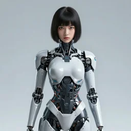 centered portrait photo by boris vallejo of soulful girl as a cyberpunk mecha humanoid robotic parts wearing goggles with bright lights, holding a pudica pose, inside white room, ultra - realistic and detailed, 8 k