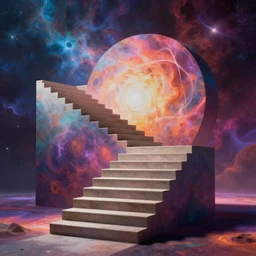 a staircase leading into an another dimension, surreal, hyper-shapes, vibrant colourful cosmic background, rendered in Octane, sureal,