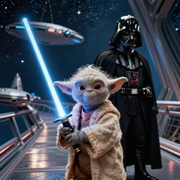 yoda with light saber and darth vader. background the bridge of the starship enterprise star trek.