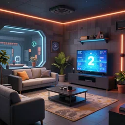 Portal 2 style living room, futuristic