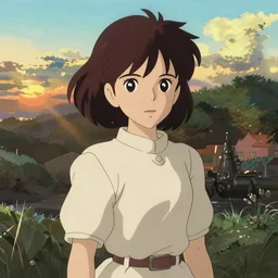 anime art full body portrait character nausicaa by hayao miyazaki concept art, anime key visual of elegant young female, brown hair and large eyes, finely detailed perfect face delicate features directed gaze, sunset in a valley, trending on pixiv fanbox, studio ghibli, extremely high quality artwork