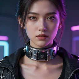detailed realistic female character cyberpunk wearing thick steel collar around neck, realistic, art, beautiful, 4K, collar, choker, collar around neck, punk, artstation, detailed, female, woman, choker, cyberpunk, neon, punk, collar, choker, collar around neck, thick collar, tight around neck, punk, looking at viewer,