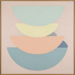 A abstract painting in the style of Sophie Taeuber-Arp and Gary Hume and Tatsuro Kiuchi, stacked half-circle shapes, 1970s Scandinavian naturalistic minimalism style, flat colour-block style, geometric abstraction, modern pastel colours