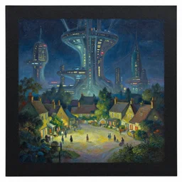 oil painting of a peaeful night in a utopian futuristic city, by charles vess on black matte very textured paper, english country village square