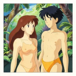 a close up of Adam and Eve on a tropical garden world by Ralph McQuarrie| sparth:.2 | Tim white:.4 | Rodney Mathews:.2 | Graphic Novel, Visual Novel, Colored Pencil, Comic Book:.2