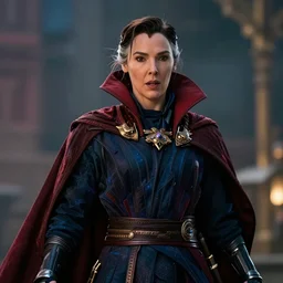 film still of gal gadot as doctor strange, action shot, cinematic, volumetric lighting, color graded
